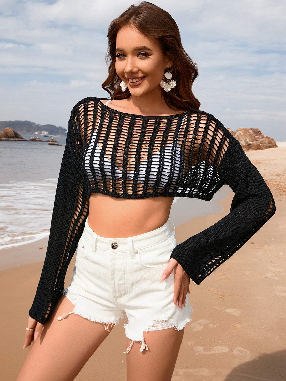 Openwork Boat Neck Long Sleeve Cover-Up - Trendsi - Flyclothing LLC