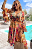 Printed Flare Sleeve Ruffled Hem Dress - Trendsi