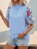 Embroidered Mock Neck Puff Sleeve Blouse - Trendsi - Flyclothing LLC
