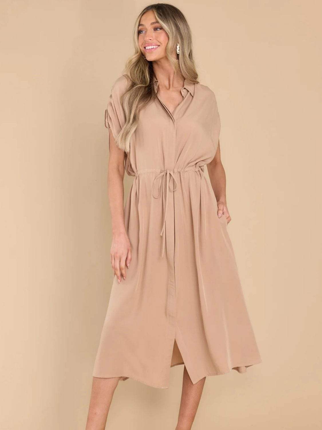 Drawstring Collared Neck Short Sleeve Midi Dress - Trendsi - Flyclothing LLC