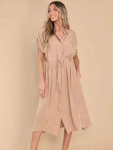 Drawstring Collared Neck Short Sleeve Midi Dress - Trendsi - Flyclothing LLC