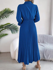 Pleated Half Button Long Sleeve Midi Dress - Trendsi