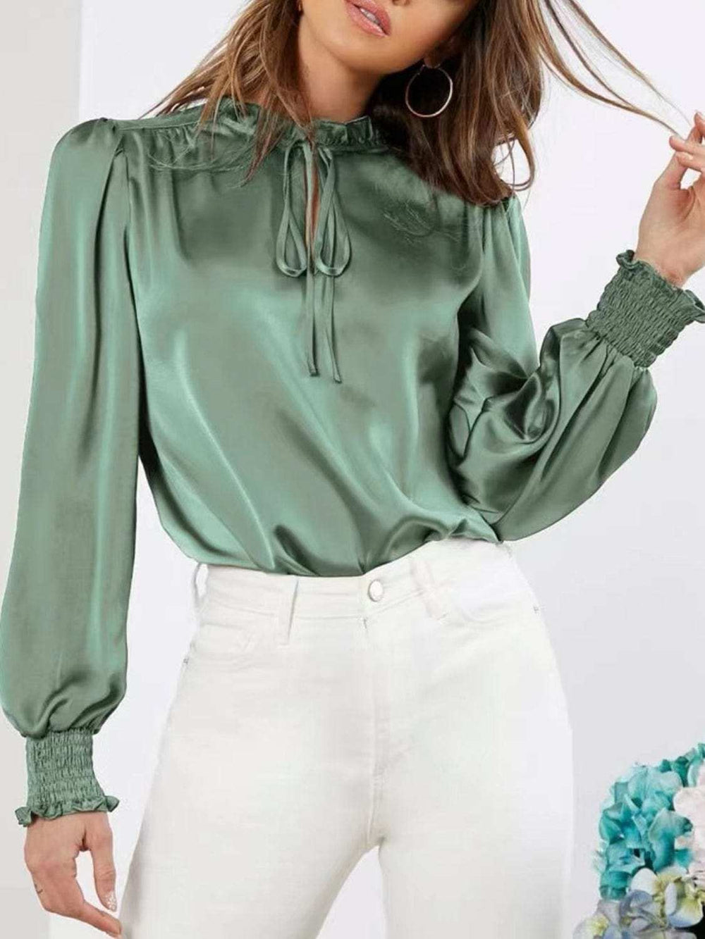 Frill Tied Lantern Sleeve Blouse - Trendsi - Flyclothing LLC