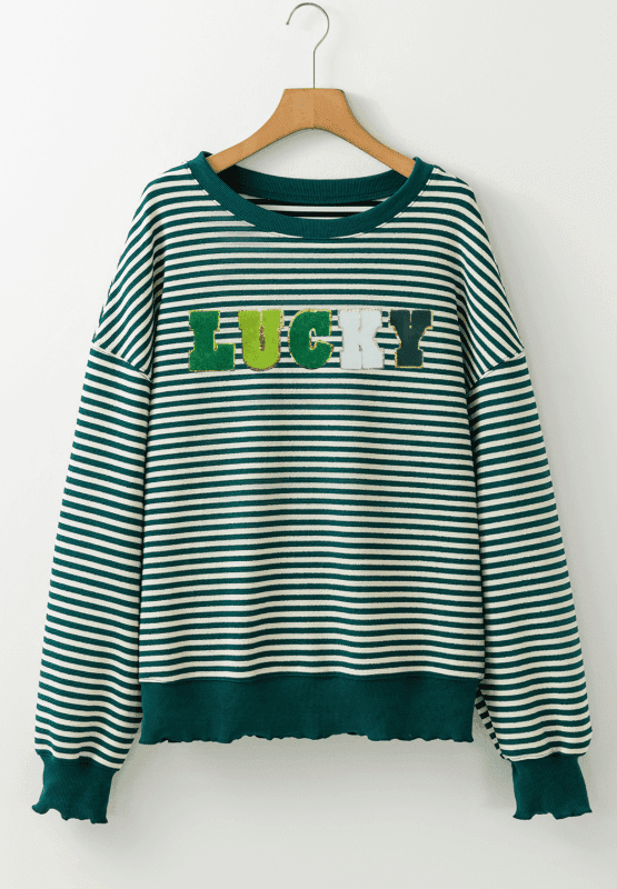 LUCKY Striped Round Neck Long Sleeve Sweatshirt - Trendsi - Flyclothing LLC