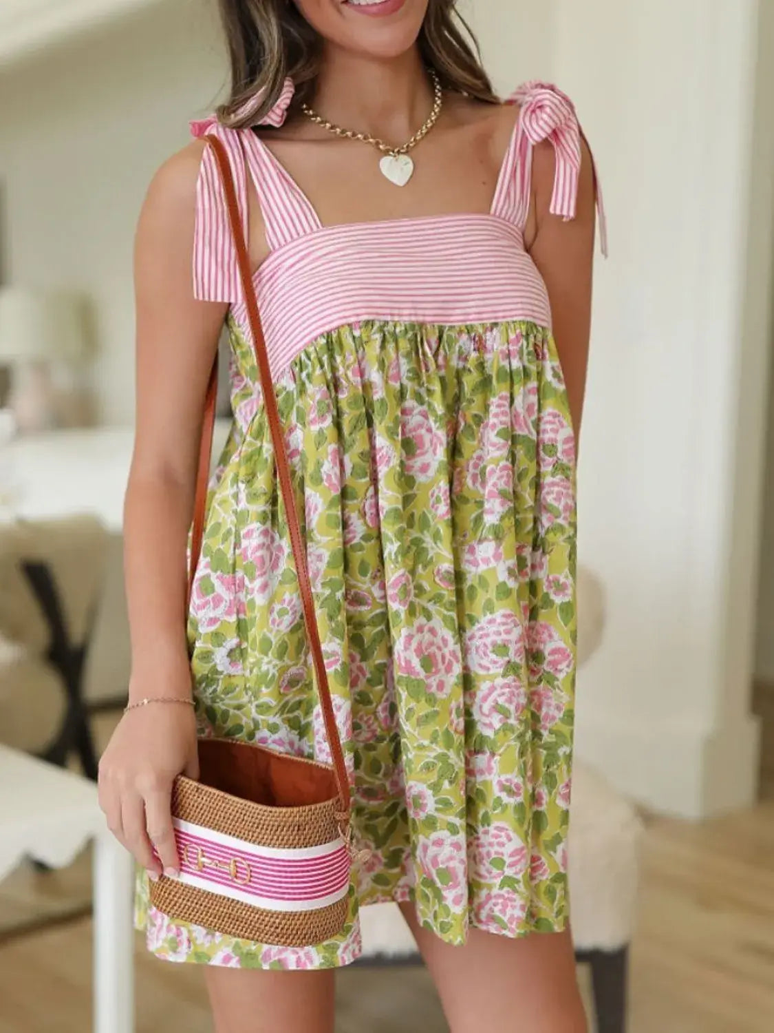 Printed Square Neck Tie Shoulder Mini Dress - Trendsi - Flyclothing LLC