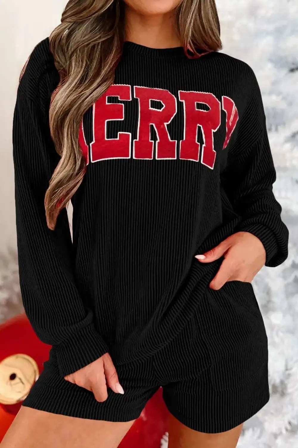 MERRY Round Neck Long Sleeve Top and Shorts Lounge Set - Trendsi - Flyclothing LLC