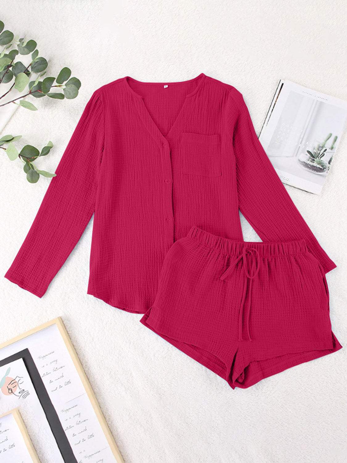Notched Long Sleeve Top and Shorts Set - Trendsi - Flyclothing LLC
