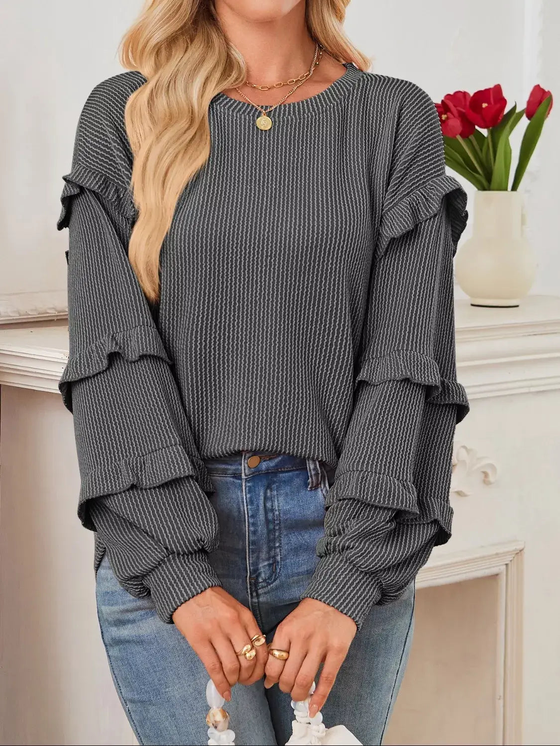 Ruffled Long Sleeve Knit T-Shirt - Trendsi - Flyclothing LLC