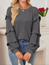 Ruffled Long Sleeve Knit T-Shirt - Trendsi - Flyclothing LLC