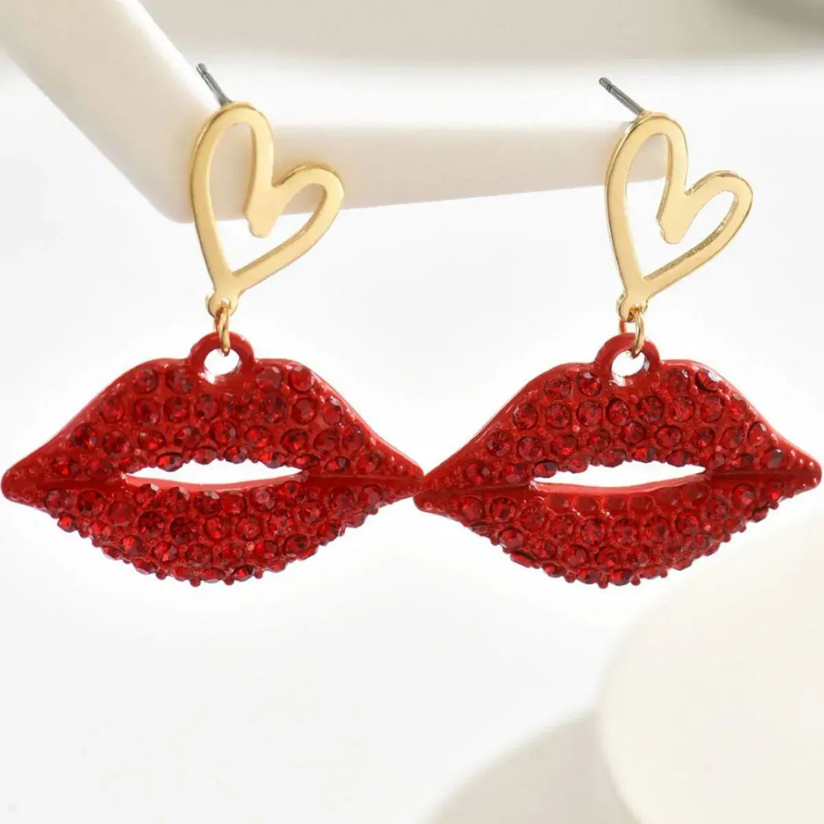 18K Gold-Plated Rhinestone Lips Heart Dangle Earrings - Trendsi - Flyclothing LLC