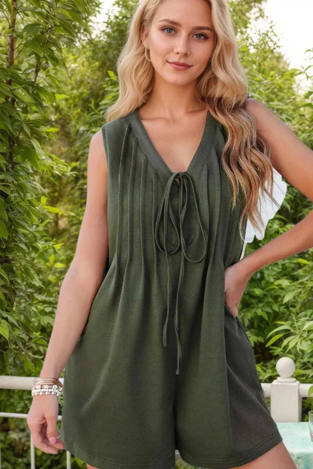 Tie Front Sleeveless Romper - Trendsi - Flyclothing LLC