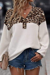 Waffle-Knit Leopard V-Neck Long Sleeve Blouse - Trendsi - Flyclothing LLC