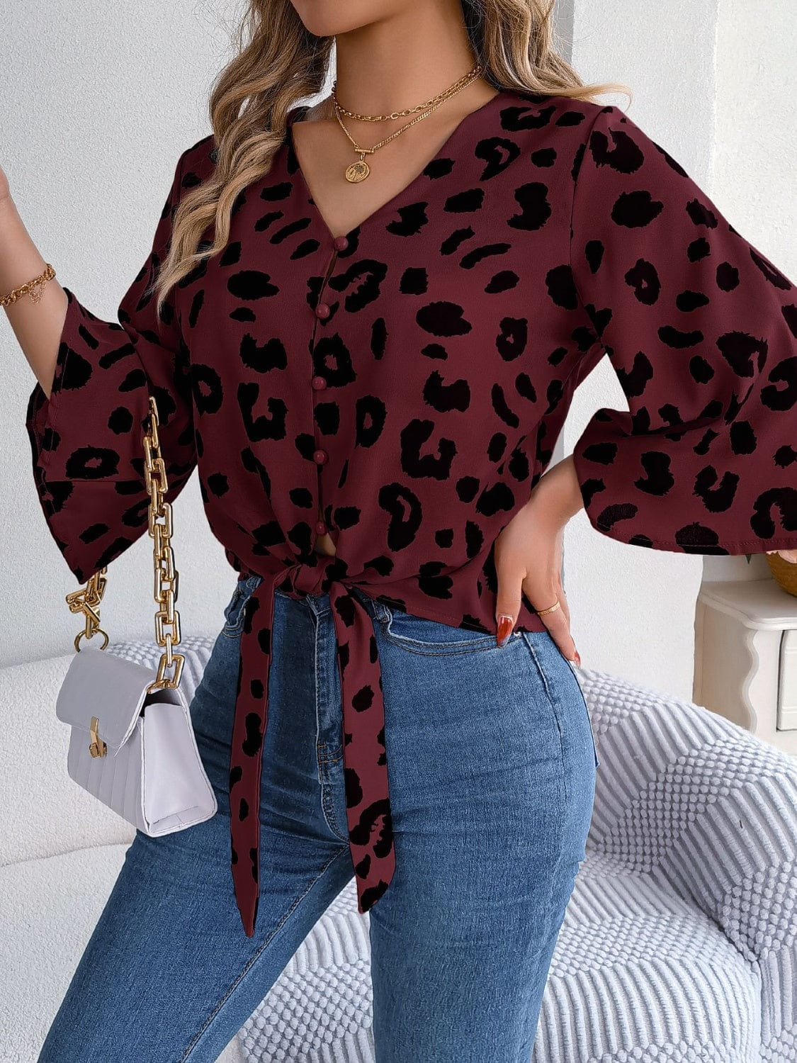 Tied Button Up Leopard V-Neck Blouse Trendsi