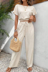 Round Neck Short Sleeve Top and Pants Set - Trendsi - Flyclothing LLC