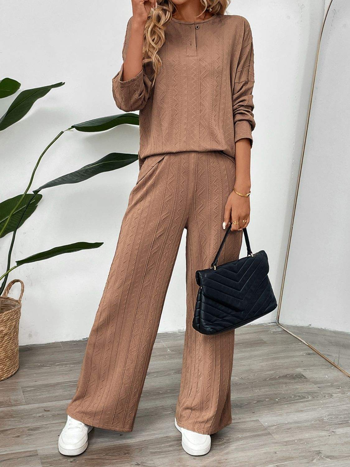 Perfee Quarter Button Long Sleeve Top and Pants Set - Trendsi - Flyclothing LLC