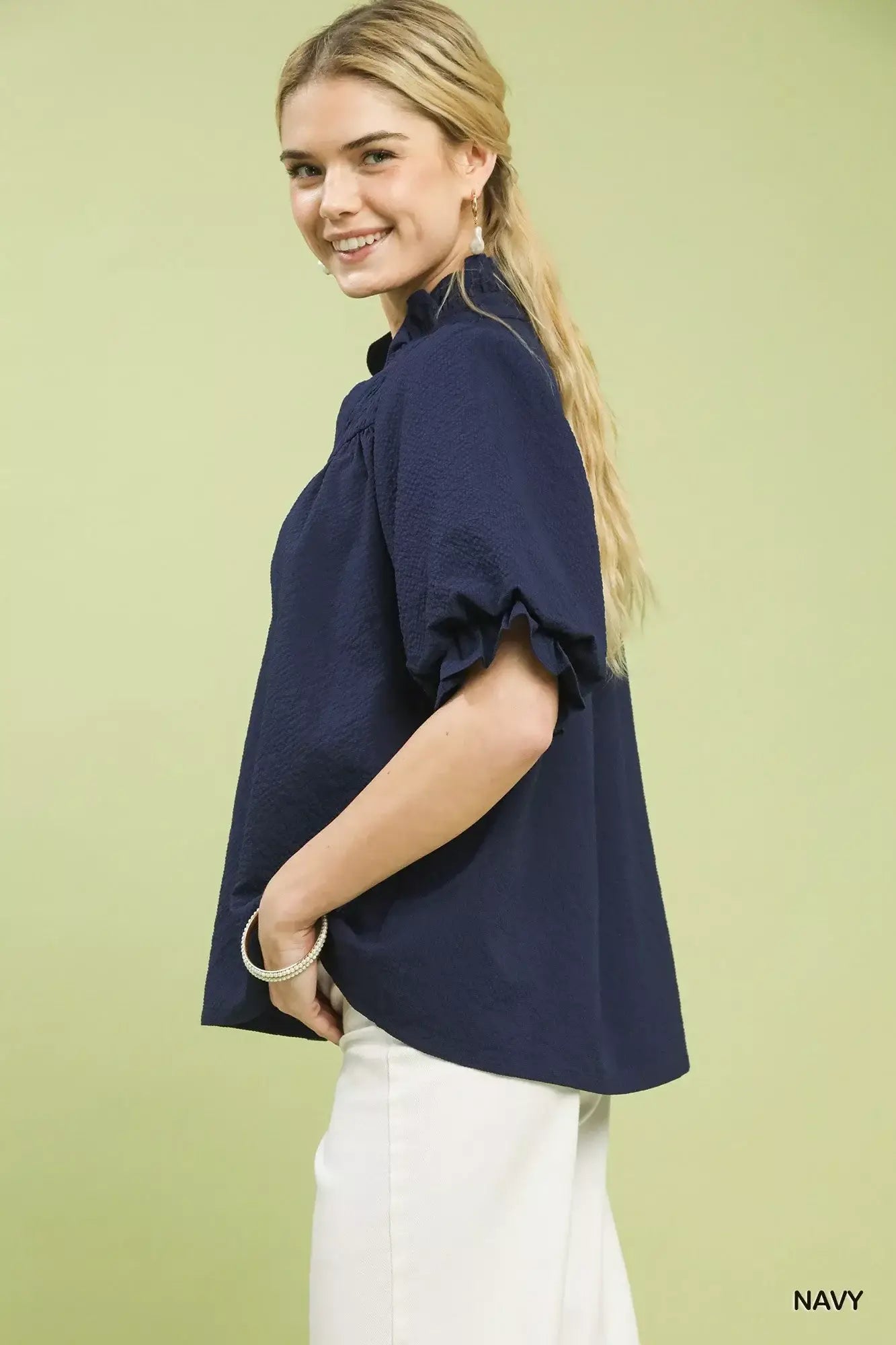 Umgee Textured Smocked Yoke Split-Neck Top - Trendsi - Flyclothing LLC