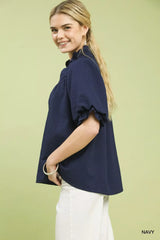 Umgee Textured Smocked Yoke Split-Neck Top - Trendsi - Flyclothing LLC