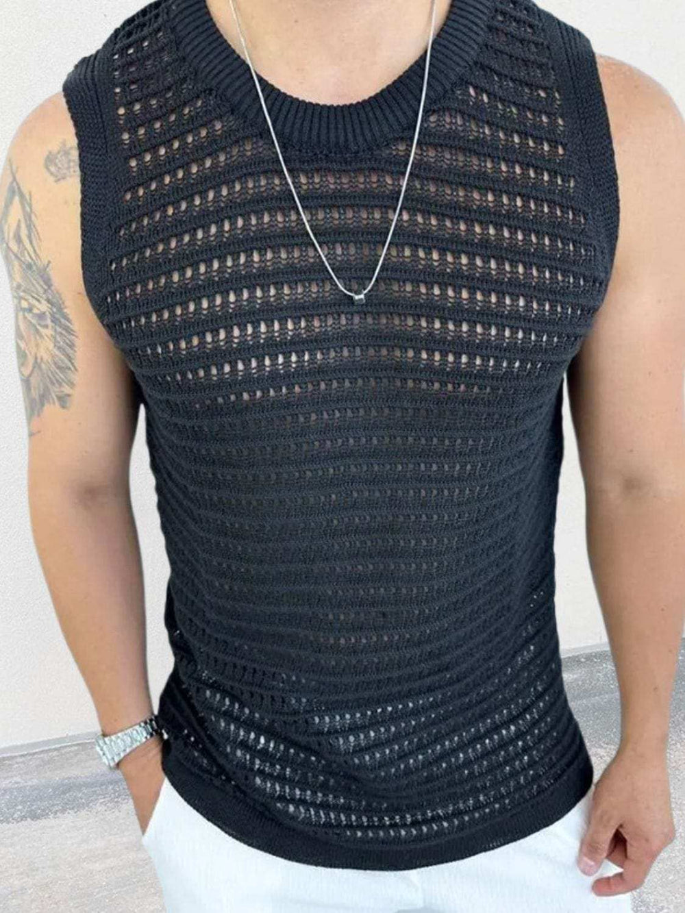 Men's Round Neck Hollow Out Sleeveless Knit Top - Trendsi - Flyclothing LLC