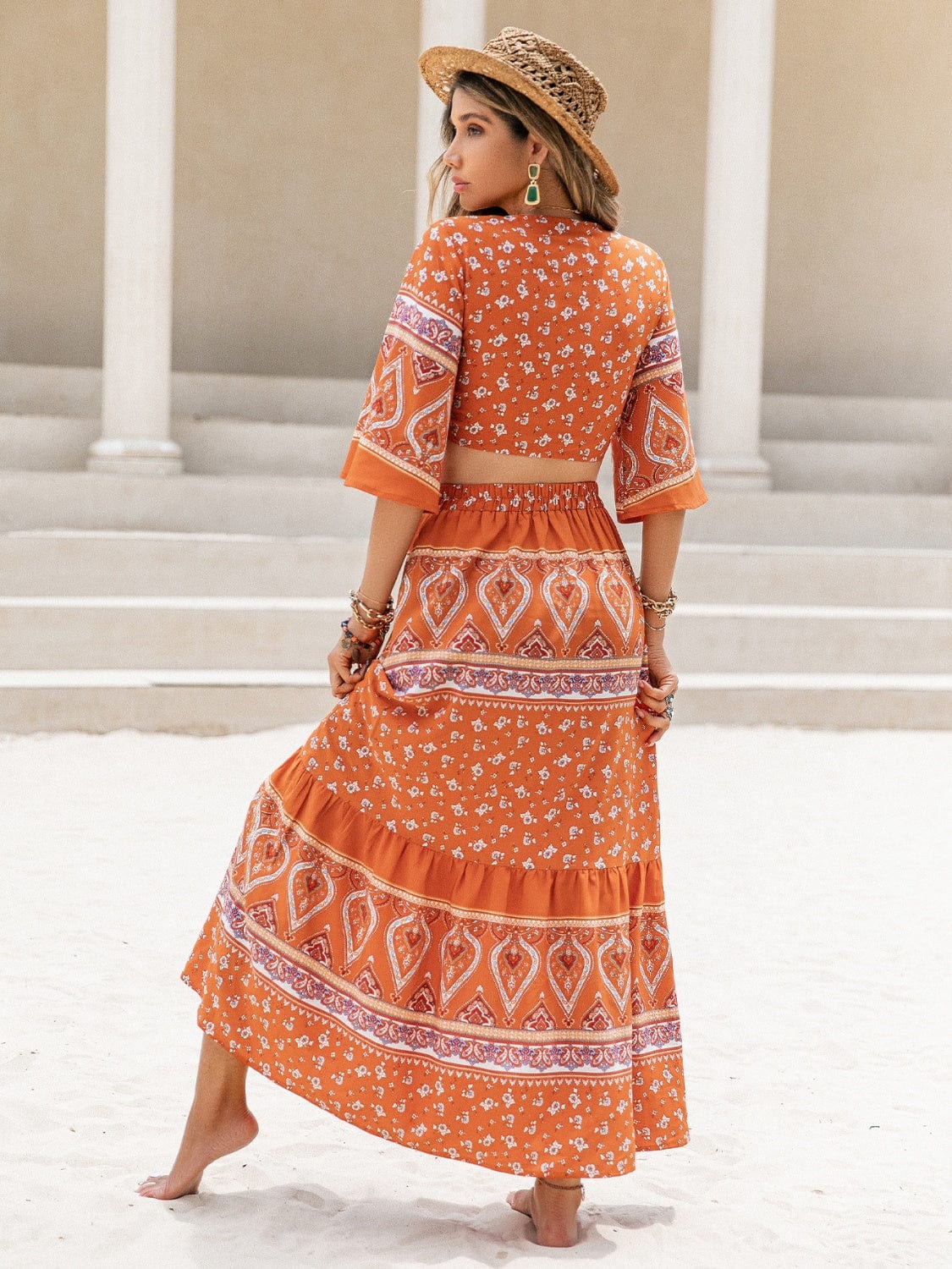 Printed Plunge Half Sleeve Top and Skirt Set - Trendsi