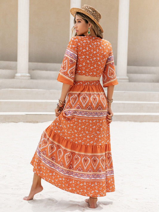 Printed Plunge Half Sleeve Top and Skirt Set - Trendsi