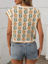 Flower Round Neck Short Sleeve Knit Top - Trendsi - Flyclothing LLC