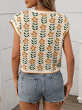 Flower Round Neck Short Sleeve Knit Top - Trendsi