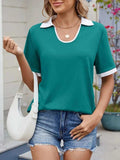Contrast Trim Collar Short Sleeve Casual T-Shirt - Trendsi - Flyclothing LLC