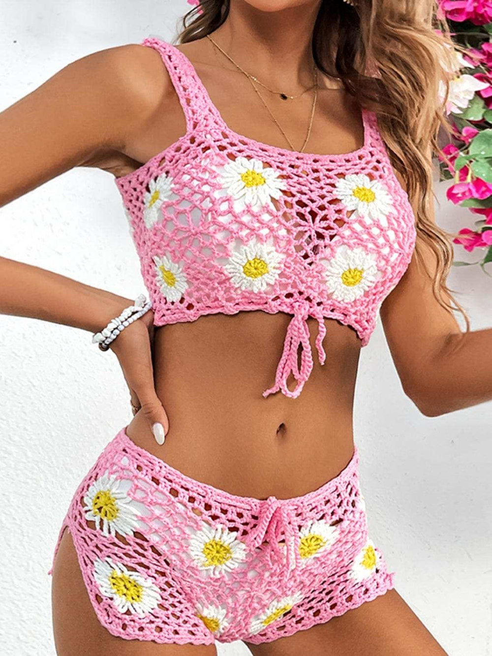Flower Cutout Wide Strap Two-Piece Cover Up - Trendsi - Flyclothing LLC