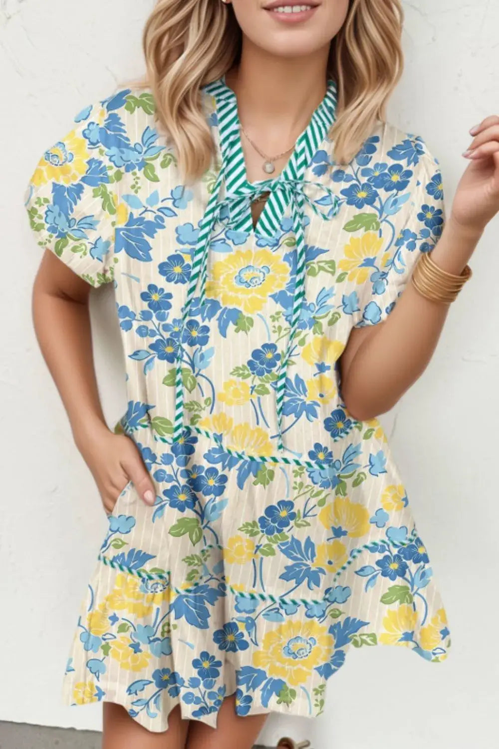 Floral Striped Trim Puff Short Sleeve Dress - Trendsi - Flyclothing LLC