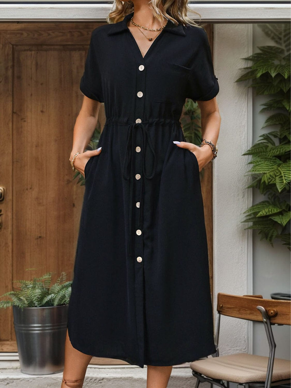 Slit Drawstring Button Up Short Sleeve Midi Dress - Trendsi