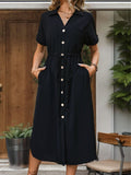 Slit Drawstring Button Up Short Sleeve Midi Dress - Trendsi