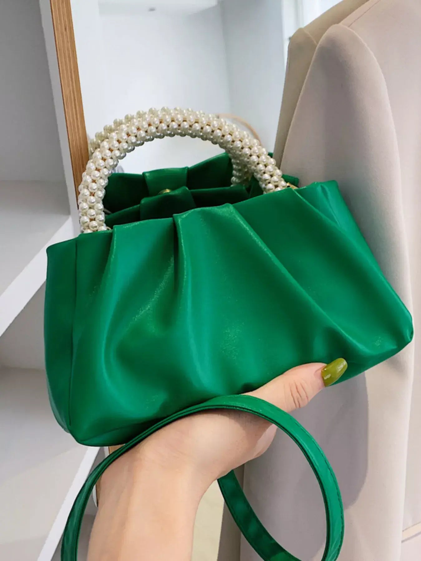 Pearl Handle Ruched Crossbody Bag - Trendsi - Flyclothing LLC