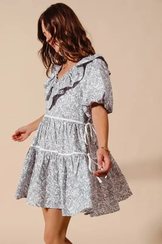 SO ME Cotton Printed Ruffle V Neckline Dress with Side Tie - Trendsi - Flyclothing LLC