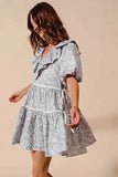 SO ME Cotton Printed Ruffle V Neckline Dress with Side Tie - Trendsi