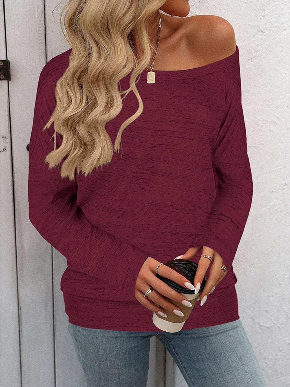 Full Size Heathered Long Sleeve Top - Trendsi - Flyclothing LLC