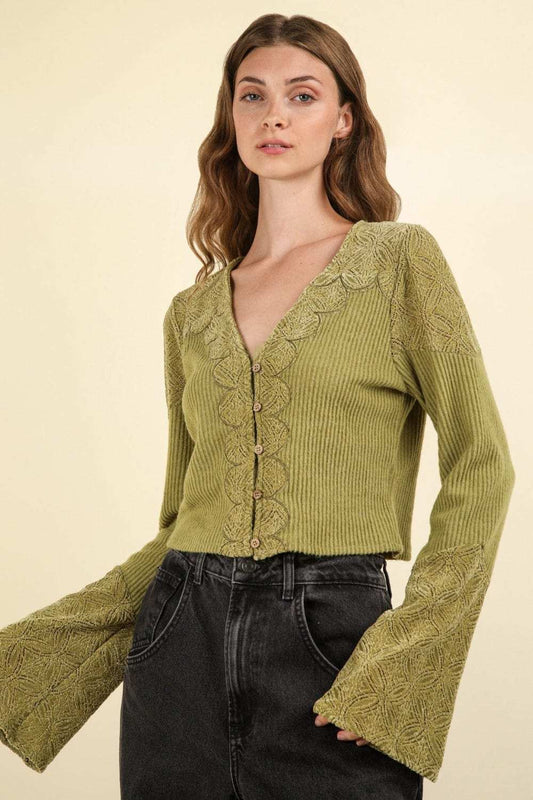 VERY J V-Neck Lace Detail Button Down Crop Ribbed Knit Top - Trendsi - Flyclothing LLC