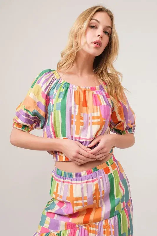 And The Why Puff Sleeve Elastic Edges Geo Printed Crop Top - Trendsi - Flyclothing LLC