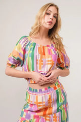 And The Why Puff Sleeve Elastic Edges Geo Printed Crop Top - Trendsi - Flyclothing LLC