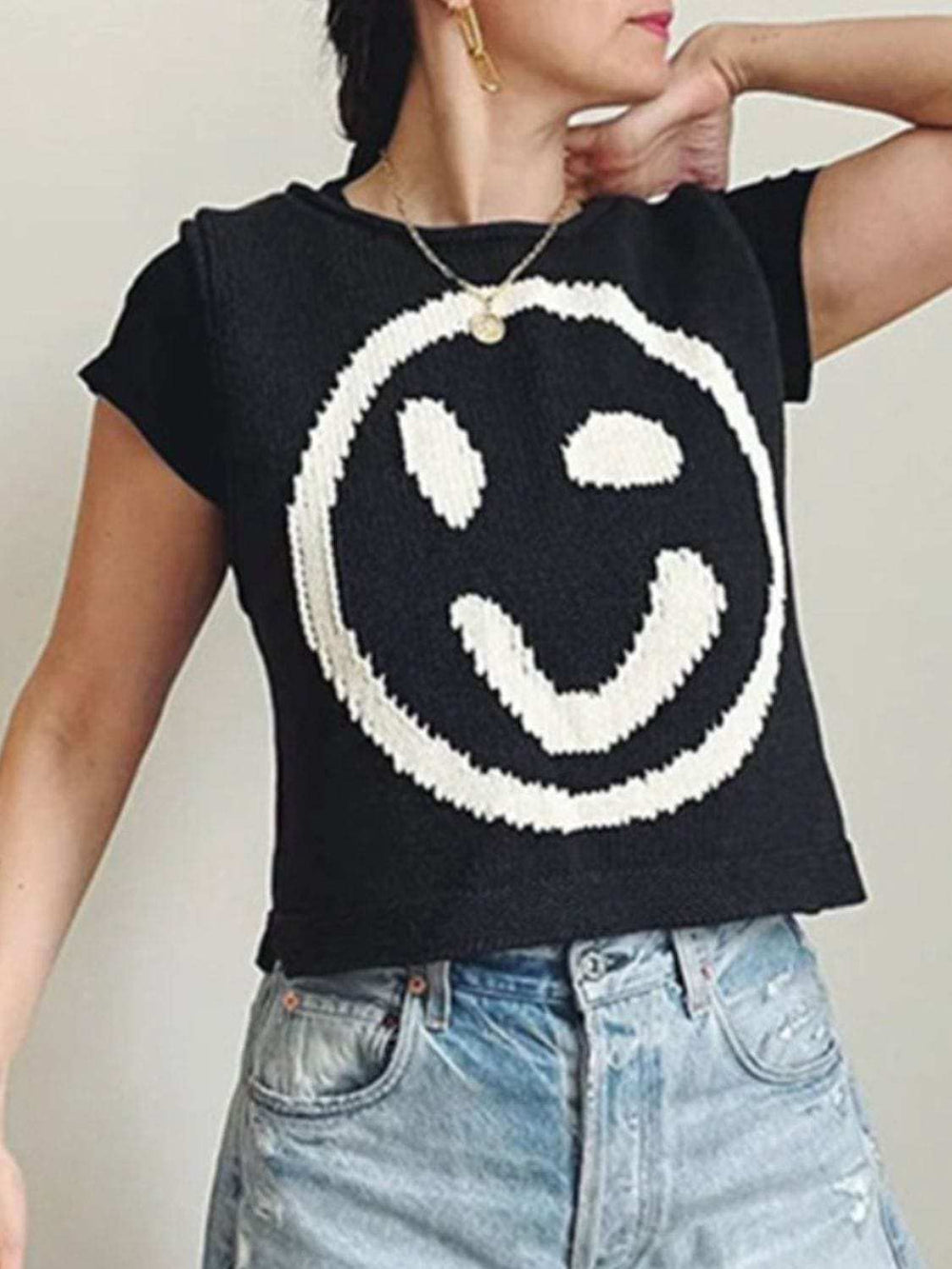 Smiley Round Neck Sweater Vest - Trendsi - Flyclothing LLC