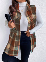 Honey Plus Size Pocketed Plaid Button Up Vest Coat - Trendsi