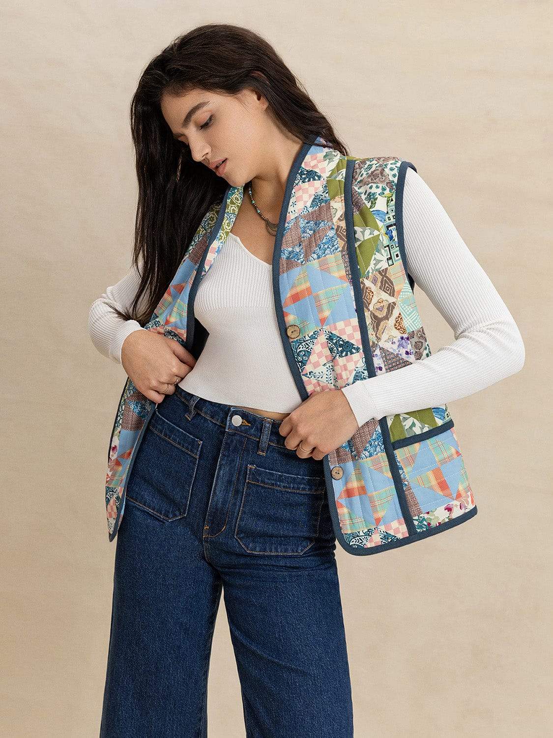 Printed Patchwork Contrast Piping Vest - Trendsi - Flyclothing LLC