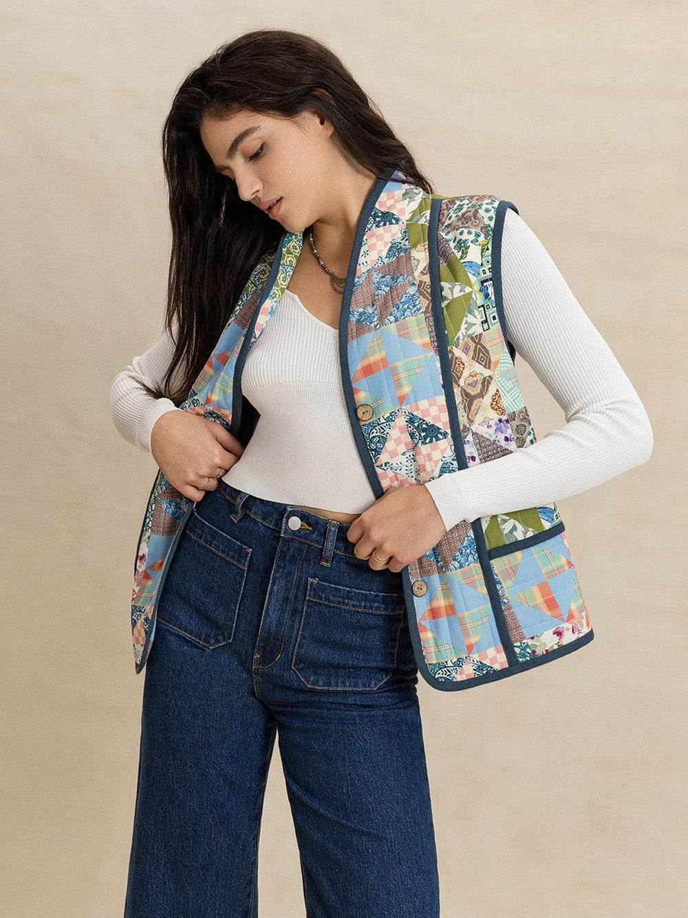 Printed Patchwork Contrast Piping Vest - Trendsi - Flyclothing LLC