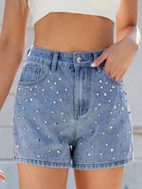 Rhinestone Washed High Waist Denim Shorts - Trendsi - Flyclothing LLC