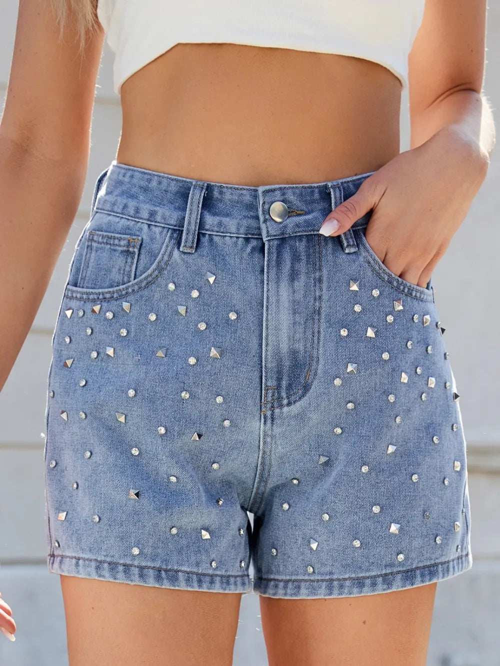 Rhinestone Washed High Waist Denim Shorts - Trendsi - Flyclothing LLC