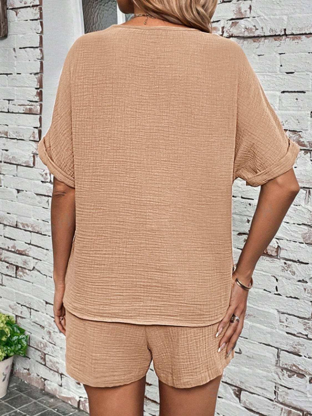 Notched Half Sleeve Top and Shorts Set - Trendsi - Flyclothing LLC