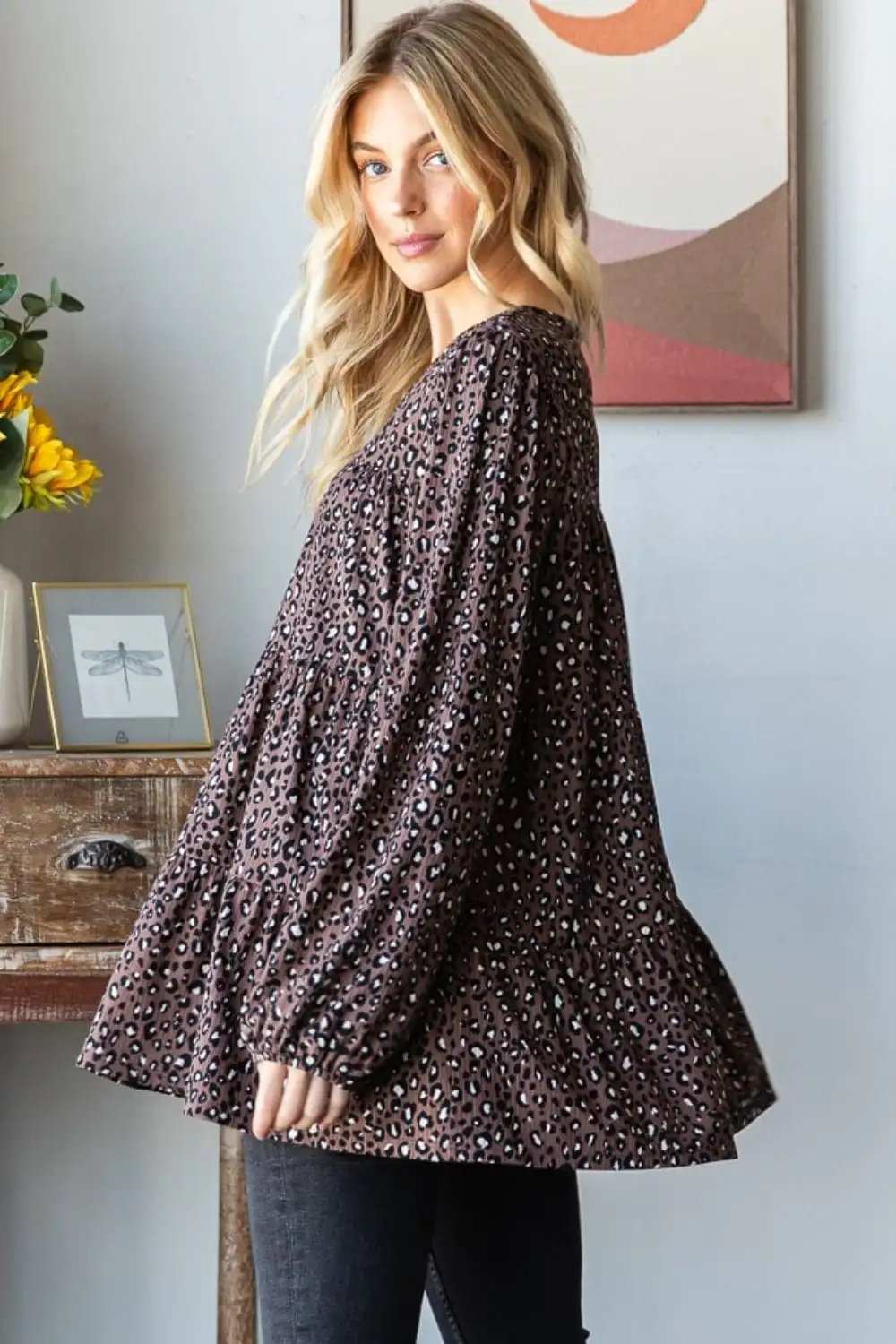 Heimish Leopard Long Sleeve Tiered Blouse - Trendsi - Flyclothing LLC