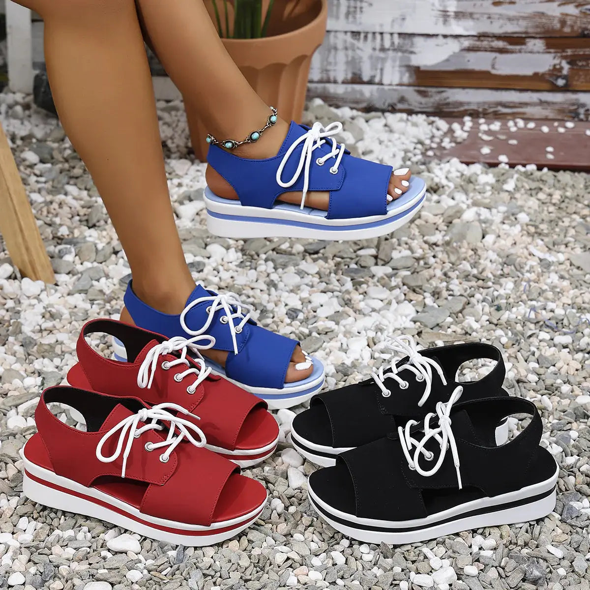 Open-Toe Lace Up Platform Sandals - Trendsi - Flyclothing LLC