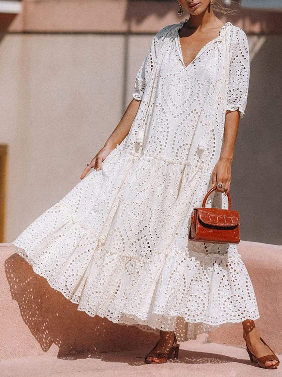 Tie Neck Half Sleeve Tiered Dress - Trendsi - Flyclothing LLC
