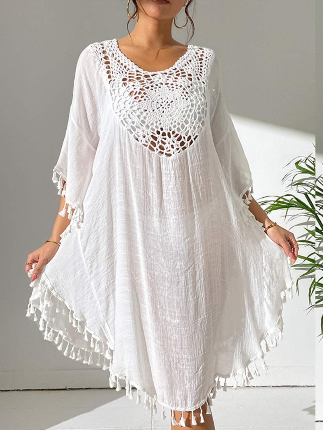 Tassel Cutout Scoop Neck Cover-Up Dress - Trendsi - Flyclothing LLC