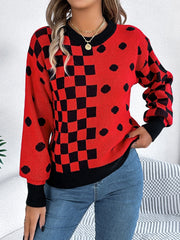 Plaid Round Neck Long Sleeve Sweater - Trendsi